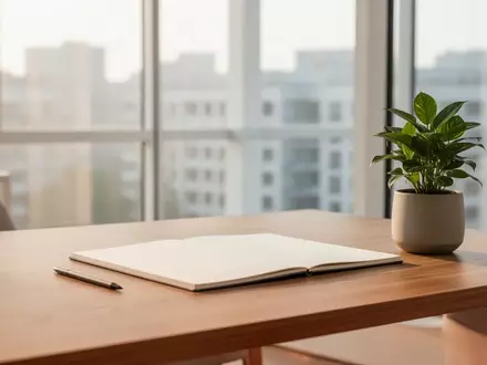 Ein minimalistischer Arbeitsplatz mit einem leeren Notizbuch und einer Pflanze in einem hellen, modernen Büro. - Foto: über boerse-global.de