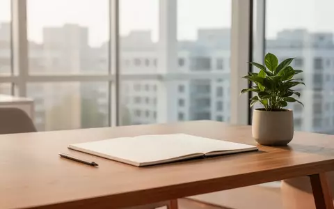 Ein minimalistischer Arbeitsplatz mit einem leeren Notizbuch und einer Pflanze in einem hellen, modernen Büro. - Foto: über boerse-global.de
