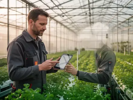 Ein Landwirtschaftsexperte prüft mit einem Tablet in einem modernen Gewächshaus die Pflanzenbestände. - Foto: über boerse-global.de
