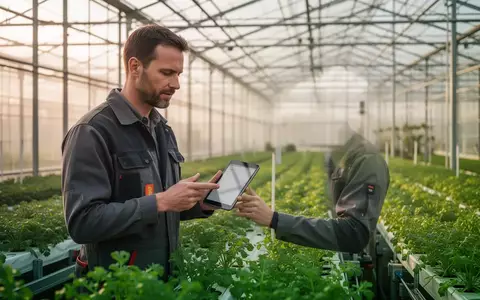 Ein Landwirtschaftsexperte prüft mit einem Tablet in einem modernen Gewächshaus die Pflanzenbestände. - Foto: über boerse-global.de
