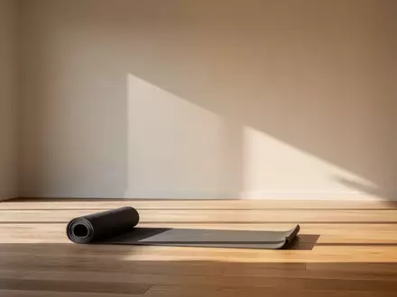Ein heller, minimalistischer Trainingsraum mit einer zusammengerollten Yogamatte auf einem Holzboden. - Foto: über boerse-global.de