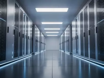 Ein moderner, minimalistischer Serverraum mit symmetrischen Server-Racks in einer kühlen, technologisch geprägten Umgebung. - Foto: über boerse-global.de
