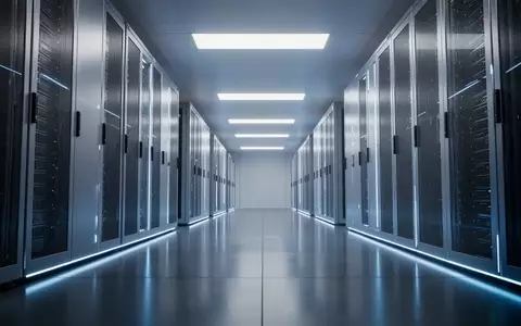 Ein moderner, minimalistischer Serverraum mit symmetrischen Server-Racks in einer kühlen, technologisch geprägten Umgebung. - Foto: über boerse-global.de