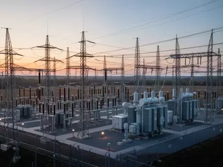 Moderne elektrische Umspannstation mit Hochspannungsleitungen bei Dämmerung. - Foto: über boerse-global.de