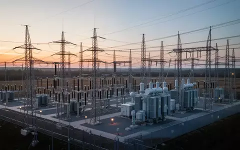 Moderne elektrische Umspannstation mit Hochspannungsleitungen bei Dämmerung. - Foto: über boerse-global.de