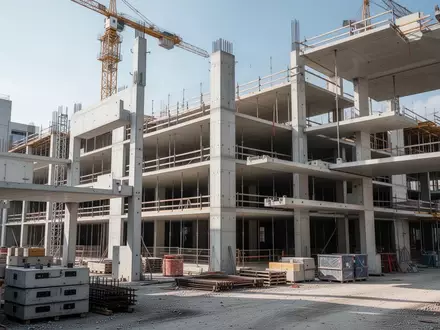 Moderne Baustelle mit Betonfertigteilen auf einem Berliner Baugelände bei Tageslicht. - Foto: über boerse-global.de