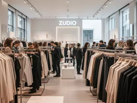 Innenansicht eines modernen Zudio-Bekleidungsgeschäfts mit Kunden, die zwischen ordentlich sortierten Kleiderständern gehen. - Foto: über boerse-global.de