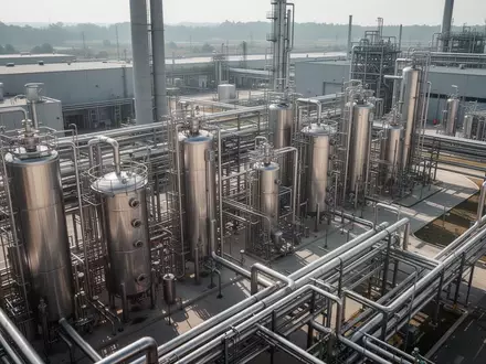 Moderne Industrieanlage eines Chemieunternehmens mit Edelstahltanks und Rohrleitungen bei Tageslicht. - Foto: über boerse-global.de