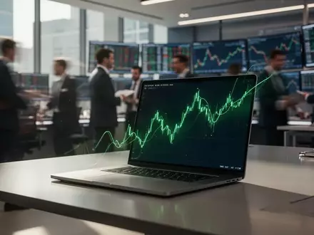 Ein moderner Trading-Arbeitsplatz mit einem Laptop, das steigende grüne Kurven anzeigt, symbolisch für ein Aktienhoch. - Foto: über boerse-global.de