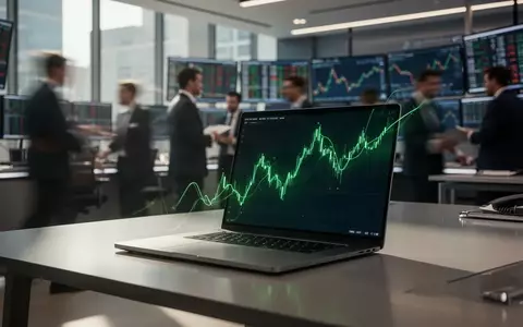 Ein moderner Trading-Arbeitsplatz mit einem Laptop, das steigende grüne Kurven anzeigt, symbolisch für ein Aktienhoch. - Foto: über boerse-global.de