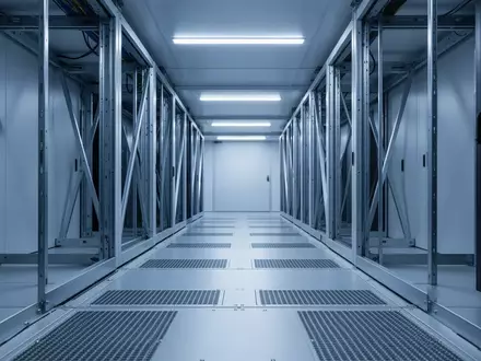 Ein minimalistischer, modern beleuchteter Serverraum-Flur mit kühler blauer Beleuchtung und architektonischen Linien. - Foto: über boerse-global.de