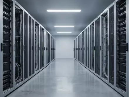 Ein moderner, minimalistischer Serverraum mit leeren Serverschränken und geordneter Kabelführung in kühlem Licht. - Foto: über boerse-global.de