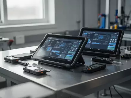 Moderne, robuste Industrie-Tablets und mobile Hardware auf einer Metallwerkbank in einem hellen Arbeitsbereich. - Foto: über boerse-global.de