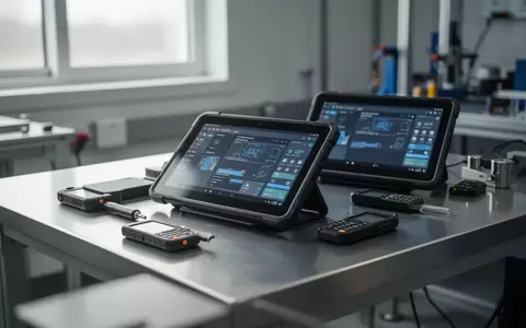 Moderne, robuste Industrie-Tablets und mobile Hardware auf einer Metallwerkbank in einem hellen Arbeitsbereich. - Foto: über boerse-global.de