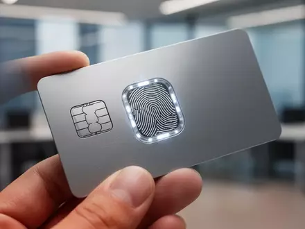 Nahaufnahme eines modernen biometrischen Fingerabdrucksensors auf einer Bankkarte in den Fingern einer Person. - Foto: über boerse-global.de