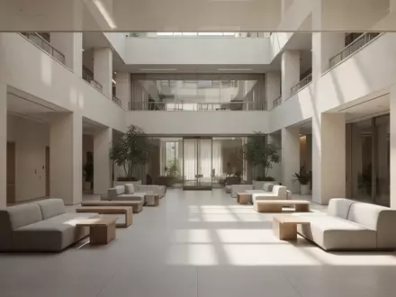 Lichtdurchflutetes, ruhiges Atrium eines modernen öffentlichen Gebäudes mit minimalistischer Architektur. - Foto: über boerse-global.de