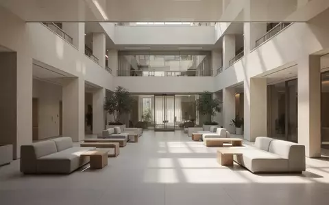 Lichtdurchflutetes, ruhiges Atrium eines modernen öffentlichen Gebäudes mit minimalistischer Architektur. - Foto: über boerse-global.de