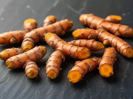 Frische Kurkuma-Wurzeln auf einem dunklen Steinhintergrund. - Foto: ĂĽber boerse-global.de