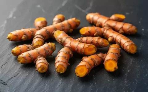 Frische Kurkuma-Wurzeln auf einem dunklen Steinhintergrund. - Foto: über boerse-global.de