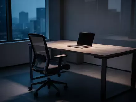 Ein leerer, moderner Büroschreibtisch in einem abgedunkelten Raum bei Dämmerung, der eine ruhige, geschäftliche Atmosphäre zeigt. - Foto: über boerse-global.de