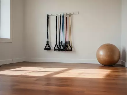 Heller, minimalistischer Therapieraum mit Widerstandsbändern an einer weißen Wand und einem Gymnastikball auf Holzboden. - Foto: über boerse-global.de