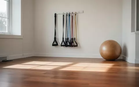 Heller, minimalistischer Therapieraum mit Widerstandsbändern an einer weißen Wand und einem Gymnastikball auf Holzboden. - Foto: über boerse-global.de