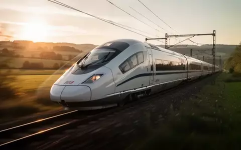 Moderner Hochgeschwindigkeitszug fährt durch eine Landschaft bei Sonnenuntergang. - Foto: über boerse-global.de