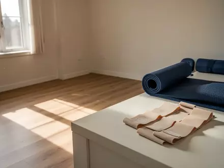 Ein minimalistischer Physiotherapieraum mit einer Yogamatte und Widerstandsbändern auf einem Holzboden. - Foto: über boerse-global.de