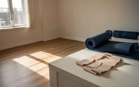 Ein minimalistischer Physiotherapieraum mit einer Yogamatte und Widerstandsbändern auf einem Holzboden. - Foto: über boerse-global.de
