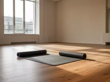Ein minimalistischer, lichtdurchfluteter Fitnessraum mit einem einzelnen, ausgerollten Yoga-Matten-Bereich auf einem Holzboden. - Foto: über boerse-global.de