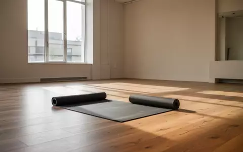 Ein minimalistischer, lichtdurchfluteter Fitnessraum mit einem einzelnen, ausgerollten Yoga-Matten-Bereich auf einem Holzboden. - Foto: über boerse-global.de