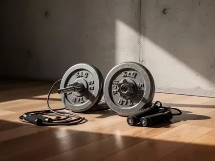 Minimalistischer Trainingsbereich mit Hantelscheiben und Springseil auf einem Holzboden in natĂĽrlichem Licht. - Foto: ĂĽber boerse-global.de