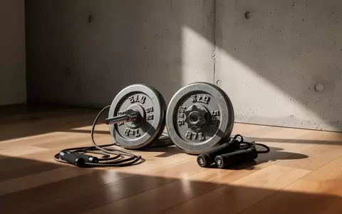 Minimalistischer Trainingsbereich mit Hantelscheiben und Springseil auf einem Holzboden in natürlichem Licht. - Foto: über boerse-global.de