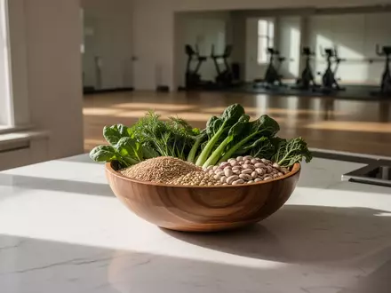 Eine minimalistische Küche mit einer Schale voll frischem Gemüse und Getreide vor einem verschwommenen Hintergrund eines Fitnessstudios. - Foto: über boerse-global.de
