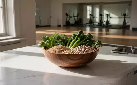 Eine minimalistische Küche mit einer Schale voll frischem Gemüse und Getreide vor einem verschwommenen Hintergrund eines Fitnessstudios. - Foto: über boerse-global.de