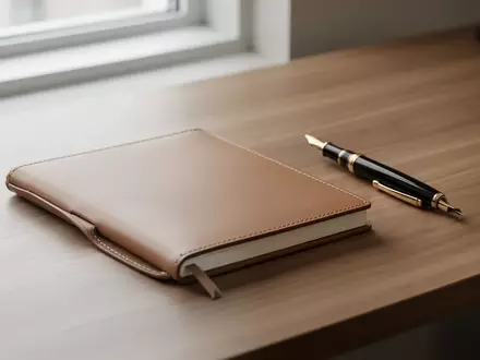 Ein minimalistischer Schreibtisch mit einem leeren Notizbuch und einem Füllfederhalter bei natürlichem Licht. - Foto: über boerse-global.de