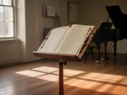 Ein heller, ruhiger Raum mit einem Notenständer und einem Klavier im Hintergrund, der eine wissenschaftliche und musikalische Lernumgebung symbolisiert. - Foto: über boerse-global.de