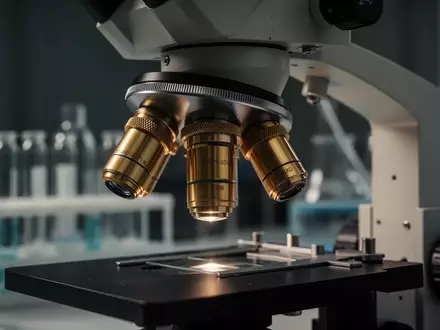 Nahaufnahme eines Labormikroskops in einer Forschungseinrichtung mit Fokus auf mechanische Komponenten und Glasbehälter. - Foto: über boerse-global.de
