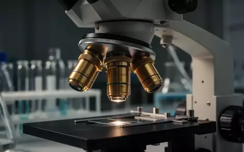 Nahaufnahme eines Labormikroskops in einer Forschungseinrichtung mit Fokus auf mechanische Komponenten und Glasbehälter. - Foto: über boerse-global.de