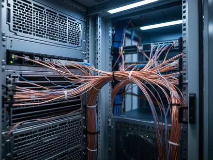 Nahaufnahme von technischer Infrastruktur mit komplexer Verkabelung und Server-Hardware in einem Rechenzentrum. - Foto: über boerse-global.de