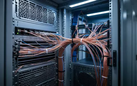 Nahaufnahme von technischer Infrastruktur mit komplexer Verkabelung und Server-Hardware in einem Rechenzentrum. - Foto: über boerse-global.de