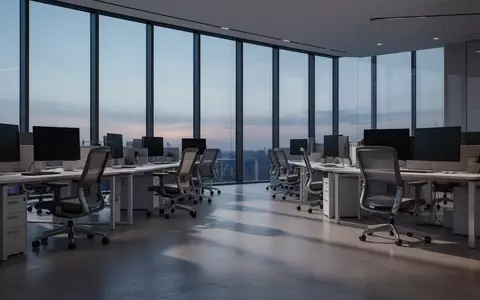 Ein modernes, minimalistisches Großraumbüro in der Abenddämmerung mit leeren Arbeitsplätzen und ausgeschalteten Monitoren. - Foto: über boerse-global.de