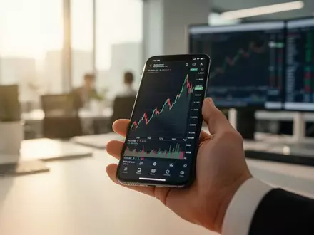 Ein professioneller Blick auf ein Smartphone mit einem steigenden Aktienchart im Büroalltag. - Foto: über boerse-global.de