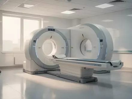 Ein heller, steriler Raum mit einem modernen Computertomographen in einer Klinik bei natürlichem Tageslicht. - Foto: über boerse-global.de