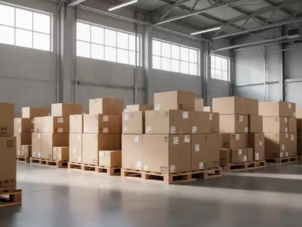 Leere Versandkartons auf Paletten in einem modernen Logistikzentrum bei natürlichem Lichteinfall. - Foto: über boerse-global.de
