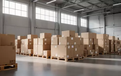 Leere Versandkartons auf Paletten in einem modernen Logistikzentrum bei natürlichem Lichteinfall. - Foto: über boerse-global.de