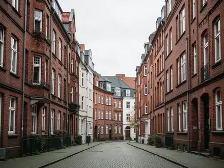 Eine ruhige Wohnstraße mit Backsteingebäuden in einem Hamburger Stadtteil bei Tageslicht. - Foto: über boerse-global.de