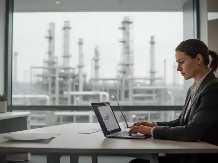 Ein moderner Büroarbeitsplatz mit einem Laptop vor einem unscharfen Hintergrund einer Industrieanlage. - Foto: über boerse-global.de