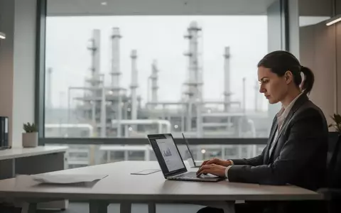 Ein moderner Büroarbeitsplatz mit einem Laptop vor einem unscharfen Hintergrund einer Industrieanlage. - Foto: über boerse-global.de