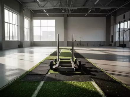 Ein leeres, minimalistisches Fitnessstudio mit einer Sportbahn und einem Schlitten auf dem Boden bei natürlichem Lichteinfall. - Foto: über boerse-global.de